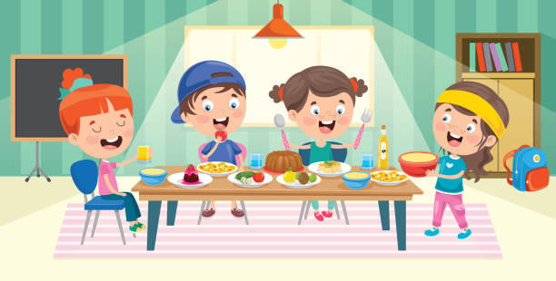 ilustrações de stock, clip art, desenhos animados e ícones de four little children eating at kitchen - dining table table cartoon dining