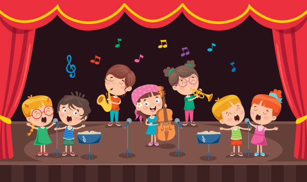 ilustraciones, imágenes clip art, dibujos animados e iconos de stock de niños pequeños interpretando música en el escenario - musical theater child violin musical instrument