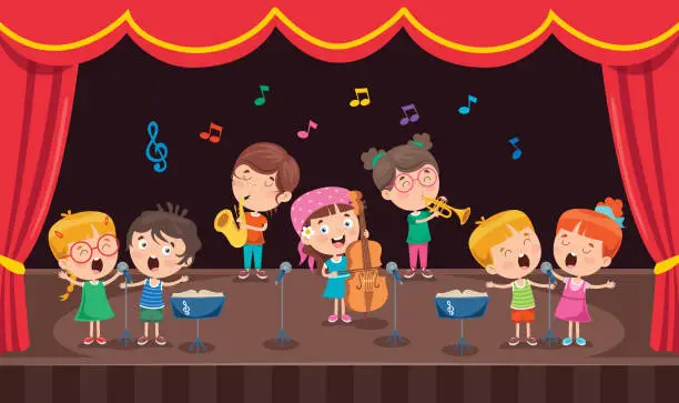 Vector illustration of Little Children Performing Music At Stage