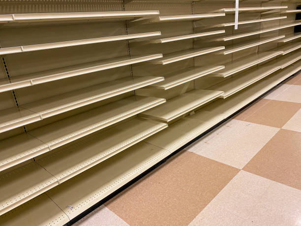 istock Empty Grocery Store Shelves With No Products Available After Sell Out 1211211227