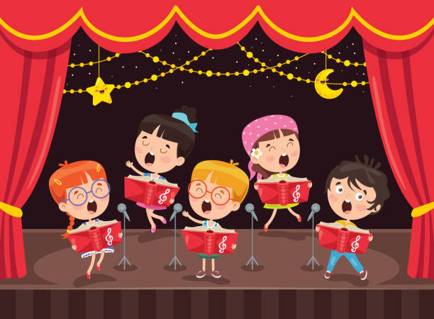 ilustraciones, imágenes clip art, dibujos animados e iconos de stock de niños pequeños interpretando música en el escenario - musical theater child violin musical instrument