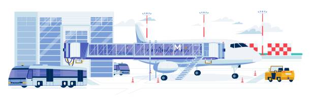 착륙 비행기와 차량과 공항 건물. - landed airplane travel commercial airplane stock illustrations