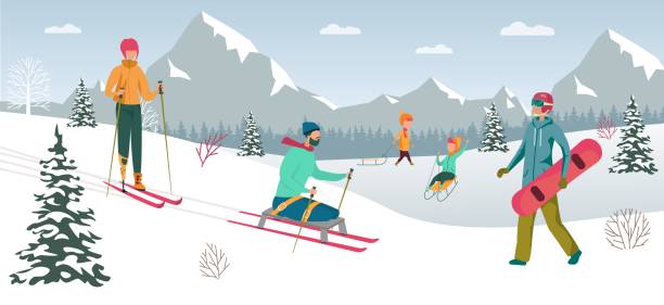 ilustrações de stock, clip art, desenhos animados e ícones de disabled people on winter sport, active life. - winter men joy leisure activity