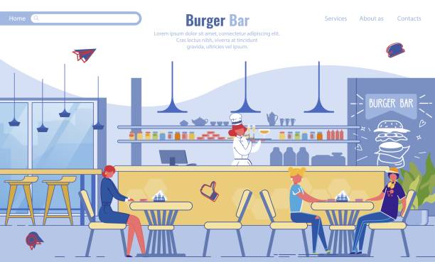 bildbanksillustrationer, clip art samt tecknat material och ikoner med platt målsida främja modern burger bar - cafe buns eating