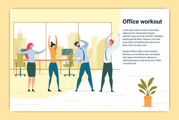 Workout at Workplace Flat Banner Vector Template Workout at Workplace Flat Banner Vector Template. Healthy Office Workers Cartoon Characters. Company Employees doing Physical Exercises Together Illustration with Text Space. Staff Health Care Concept gymnastics stock illustrations