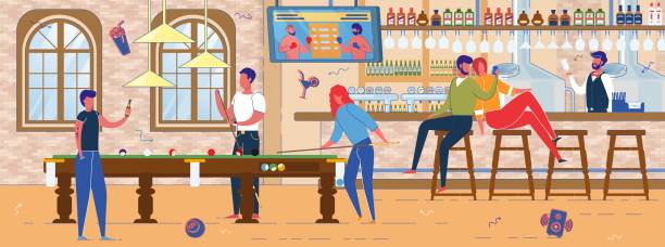 bar alkoholowy lub pub z basenem bilardowym. - pool game snooker pub sport stock illustrations