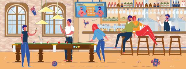 ilustrações de stock, clip art, desenhos animados e ícones de alcoholic bar or pub with billiards pool interior. - snooker