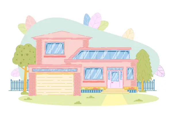 Vector illustration of Suburban Cottage Family House with Garage Design