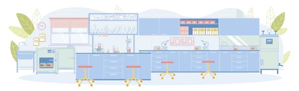 Modern Vector Medical Laboratory Empty Interior Modern Vector Medical Laboratory Empty Interior with Funnel, Washbasin, Wall Mounted Furniture, Drawers, Microscope, Test Tube, Flask with Liquid, Prescription, Sterile Container, Glassware flask funnel stock illustrations