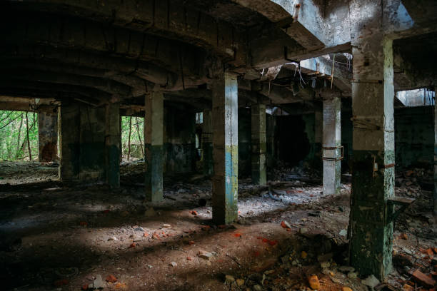 istock Old abandoned ruined industrial building overgrown by plants and trees 1211220165