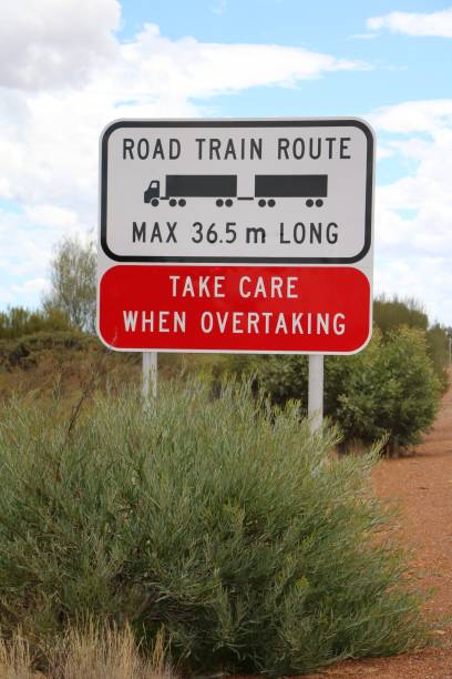 istock Road Train Route max 36,5 m long, take care when overtaking, Australia 1211220780