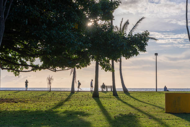Honolulu, HI / USA - January 29, 2020: People in silhouette enjoying the evening at sunset at Ala Moana Beach Park.