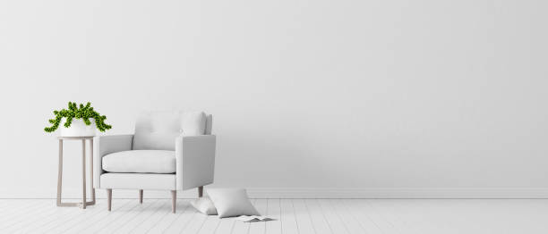 parede de concreto branco com móveis brancos modernos, design de interiores mínimo, renderização 3d - wall indoors chair blank - fotografias e filmes do acervo