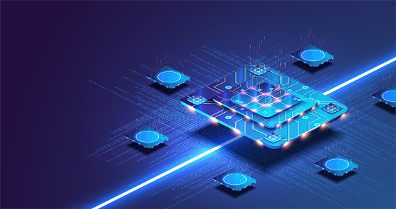 Futuristic microchip processor with lights on the blue background. Quantum computer, large data processing, database concept.