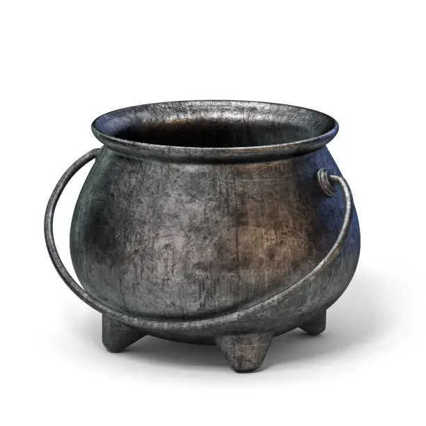 Empty iron cauldron 3D render illustration isolated on white background