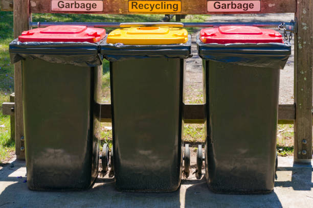 Sydney, Australia - November 12, 2016: Outdoors kerbside rubbish bins with red and yellow lids for rubbish separation. Garbage and recycling rubbish bins