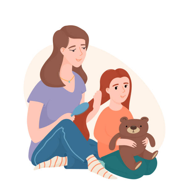 ilustrações de stock, clip art, desenhos animados e ícones de mom combing her little daughter hair with a brush, both sitting on the floor, flat cartoon vector illustration isolated on white background. mother and daughter spending time together, brushing hair - caucasian white background little girls isolated on white