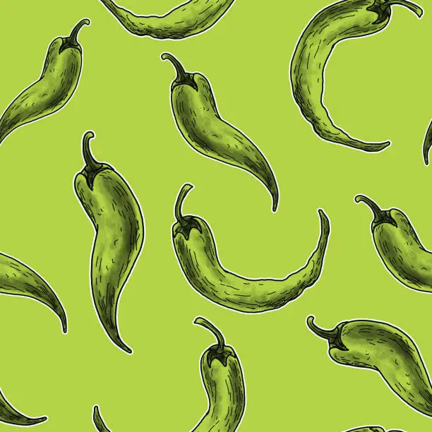Vector illustration of Hand drawn jalapeno and chili pepper seamless repeating background pattern