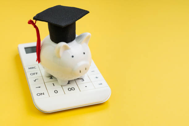 Student loan payment calculation, scholarship or saving for school and education concept, white piggy bank wearing graduation hat on calculator on yellow background with copy space Student loan payment calculation, scholarship or saving for school and education concept, white piggy bank wearing graduation hat on calculator on yellow background with copy space. financial education stock pictures, royalty-free photos & images