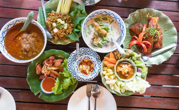 Photo of variety of Thai food Has a spicy