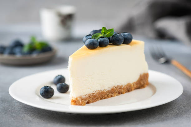 istock Cheesecake slice with blueberries on white plate 1211258577