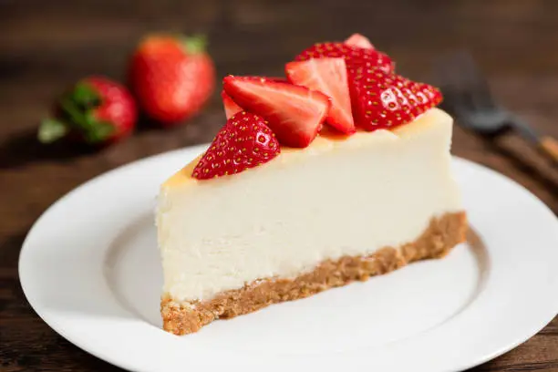 Photo of Cheesecake with strawberries on plate