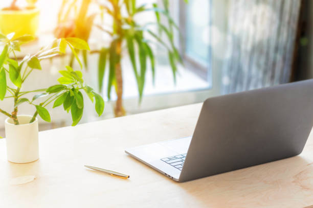 istock Creative home workplace with laptop. Home education, online training or work outside office concept 1211260190