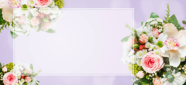 istock Top view flower bouquet on purple background with gift boxes copy space flat lay 1211260240