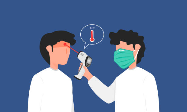 Graphic illustration about Man using infrared thermometer, Medical equipments. Flat design Precautions : The content in the pictures may not be accurate. Please revise the content before use. infrared background stock illustrations