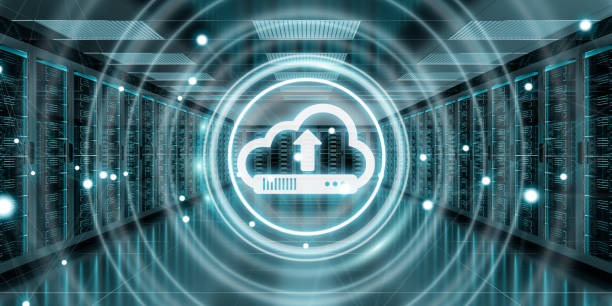 Cloud icon downloading datas and informtations in server room center interior 3D rendering