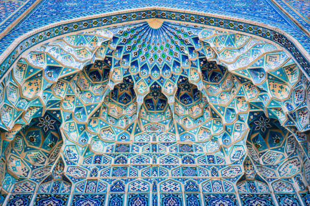 samarkand iwan ornamental tilework detail uzbekistan - ancient arabic style arch architecture imagens e fotografias de stock
