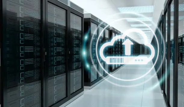 Photo of Cloud icon downloading datas and informtations in server room center interior 3D rendering