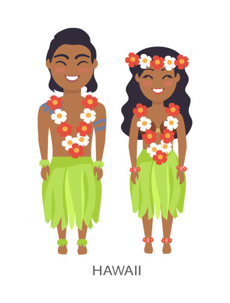 Hawaii Male and Female Image Vector Illustration Hawaii male and female image, dressed in flowers and lei, leaves and coconut shell, represented on vector illustration isolated on white unusual couple stock illustrations