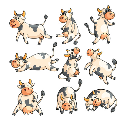 Funny spotted cows with different emotions in various poses. Farm animal character sitting, standing, winking, lying, dreaming, smiling, interpreting something. Emoji sticker, design for products