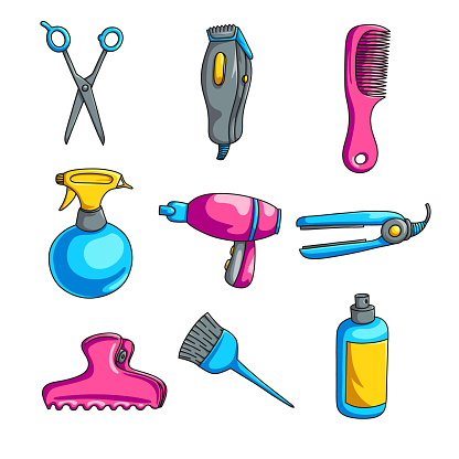 Ilustración de Colorido Conjunto De Peluquería De Dibujos Animados Aislado Sobre Fondo Blanco y más Vectores Libres de Derechos de Cepillo para el cabello - iStock Ilustración de Colorido Conjunto De Peluquería De Dibujos Animados Aislado Sobre Fondo Blanco y más Vectores Libres de Derechos de Cepillo para el cabello - iStock