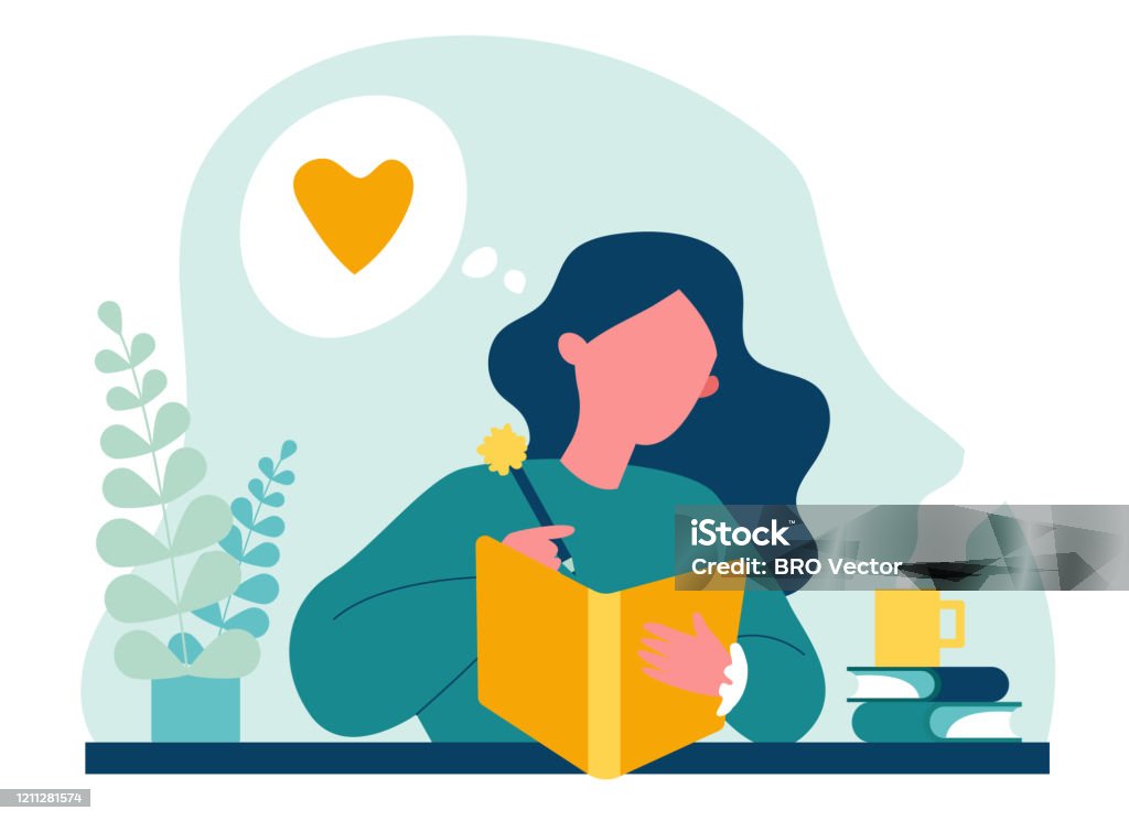 Teenage girl writing diary or journal Teenage girl writing diary or journal. Happy young woman reading book and taking notes with pencil. Vector illustration for journal, author, student, teenager in love concept Writing - Activity stock vector