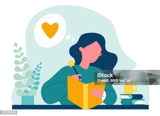 Teenage Girl Writing Diary Or Journal Stock Illustration - Download Image Now - Writing - Activity, Diary, Women
