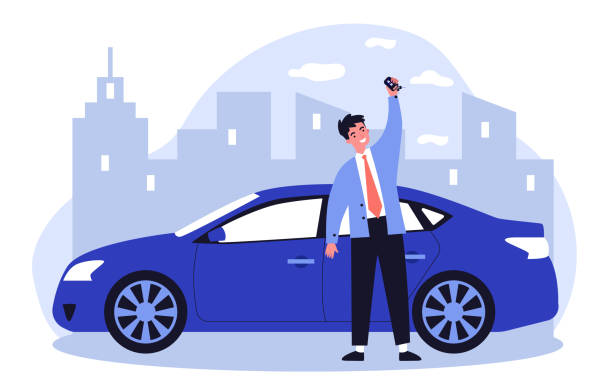 Happy young man leasing car flat vector illustration Happy young man leasing car flat vector illustration. Driver holding in hand keys to his new vehicle. Dealer making presentation for modern auto. Transport and lease concept car illustrations stock illustrations