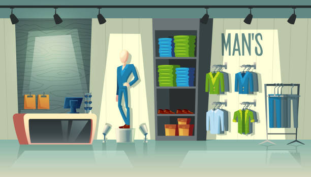 ilustrações de stock, clip art, desenhos animados e ícones de vector men s clothing shop, male fashion boutique - fashion men fashion model male