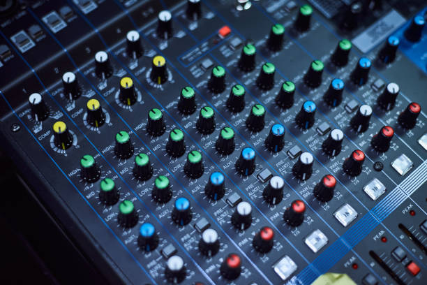 istock Audio music mixer console on a black background. Sound studio mixing desk 1211283697