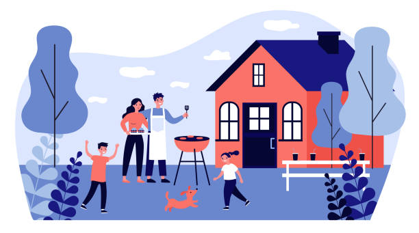 Happy family doing barbecue at garden flat vector illustration Happy family doing barbecue at garden flat vector illustration. Mother and father cooking outdoor near house. Kids playing with dog at backyard. BBQ party and weekend concept family trips and holidays stock illustrations