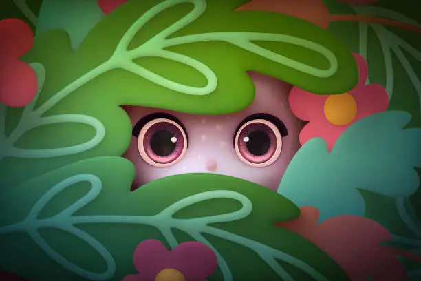 Photo of Kawaii funny face with big purple eyes peeps out from the cartoon bushes.