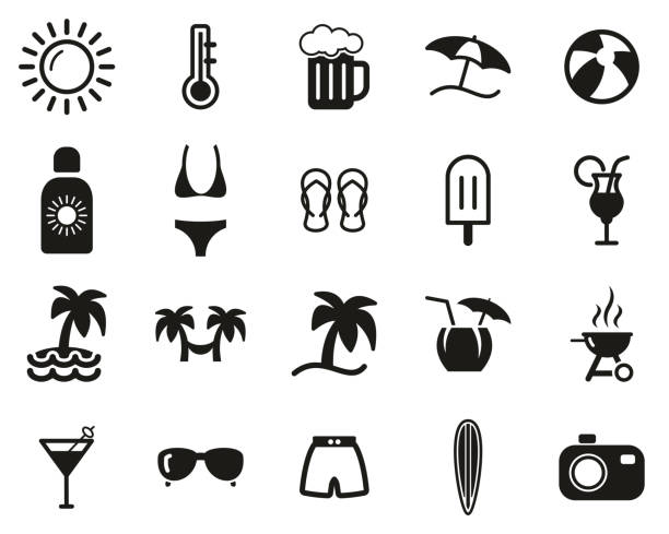 ilustraciones, imágenes clip art, dibujos animados e iconos de stock de iconos de verano negro y blanco set grande - swimming trunks bikini swimwear red