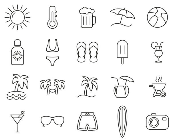 ilustraciones, imágenes clip art, dibujos animados e iconos de stock de iconos de verano negro y blanco línea fina set grande - swimming trunks bikini swimwear red
