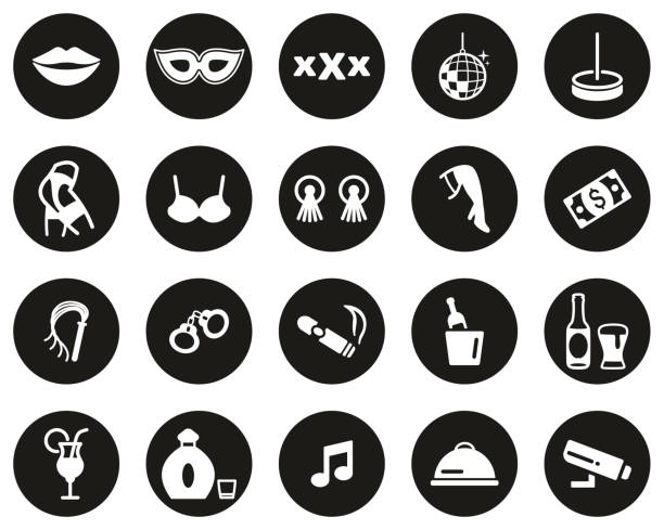 Strip Club Icons White On Black Flat Design Circle Set Big This image is a vector illustration and can be scaled to any size without loss of resolution. black pole dancers stock illustrations