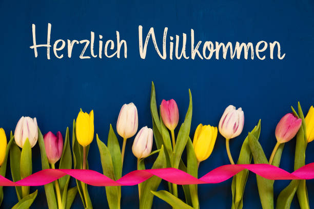 istock Colorful Tulip, Welcome Means Welcome, Ribbon, Blue Background 1211286363