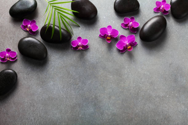 istock Spa composition with flowers, green leaves and massage stone on gray background top view. Beauty treatment and relaxation concept. Flat lay. 1211286578