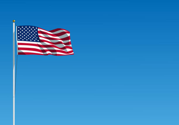 The USA flag waving on the wind. American flag hanging on the flagpole against the clear blue sky. Realistic vector illustration The USA flag waving on the wind. American flag hanging on the flagpole against the clear blue sky. Realistic vector illustration. flagpole stock illustrations