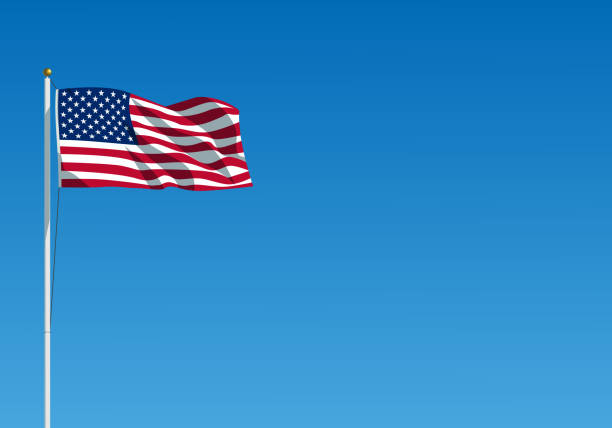 美國國旗在風中飄揚。美國國旗懸掛在旗杆上，與清澈的藍天。逼真的向量圖 - 旗杆 幅插畫檔、美工圖案、卡通及圖標