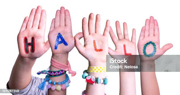 Children Hands Building Word Hallo Means Hello Isolated Background Stock Photo - Download Image Now